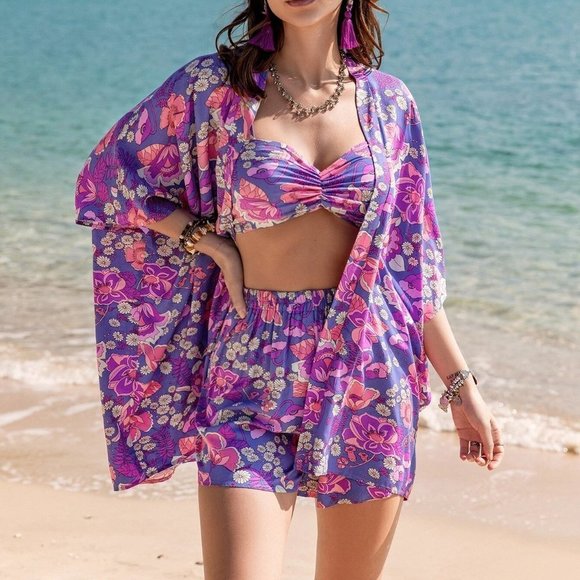 . Dresses & Skirts - Purple Boho Womens Allover Floral Print Crop Top & Shorts & Open Front Kimono